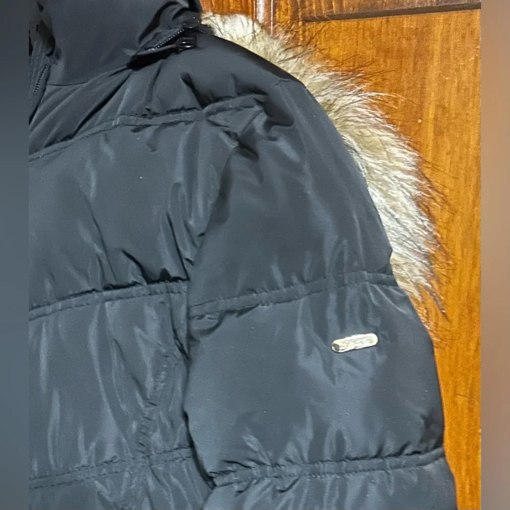 BEBE Black Puffer Long Coat Belted with Fur Trim Hood Women’s Size Medium - Picture 5 of 5